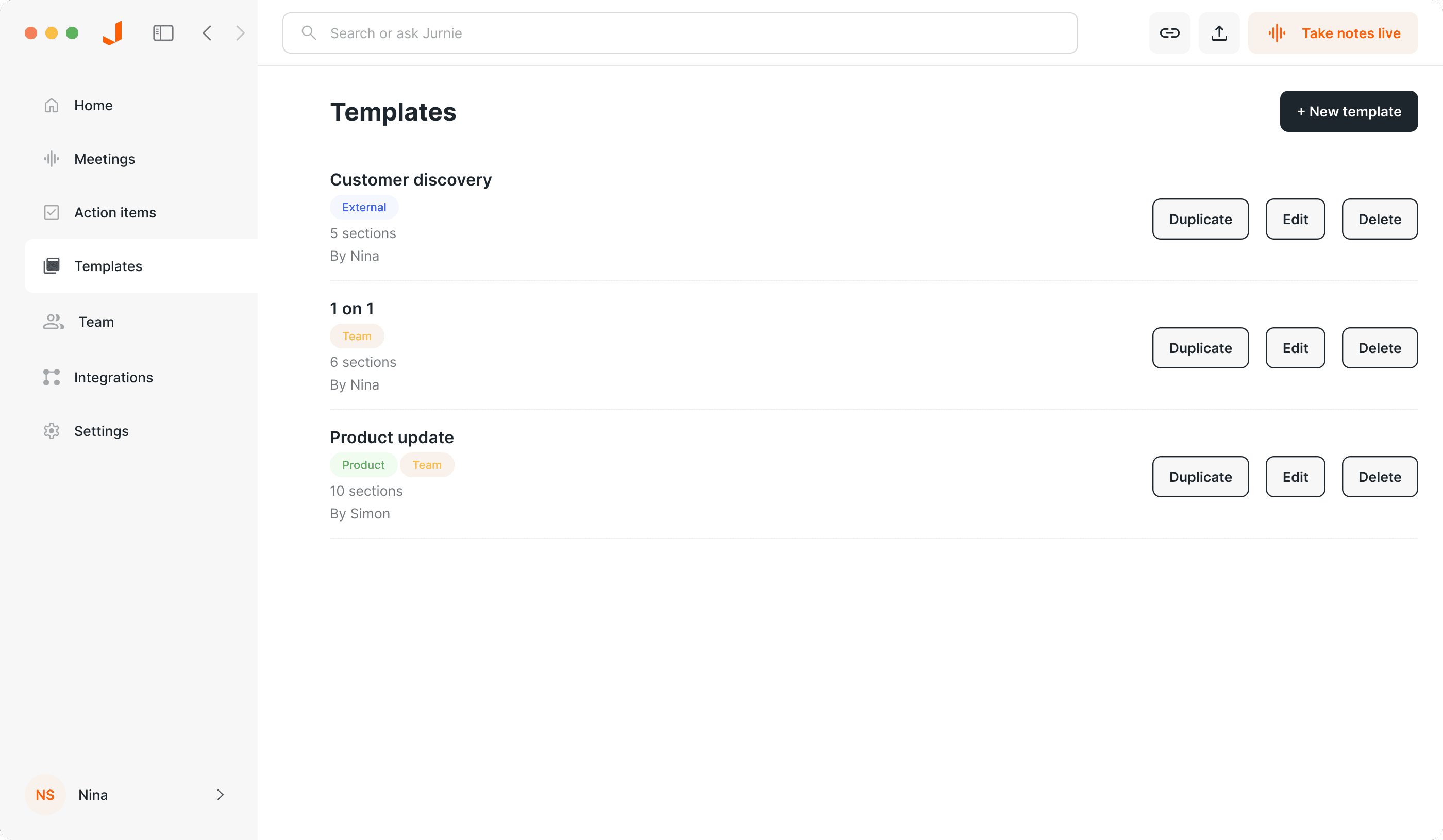 Automated meeting notifications - Jurnie AI meeting assistant interface showing jurnie notifies you when your meeting starts, making it easy to capture any conversation.