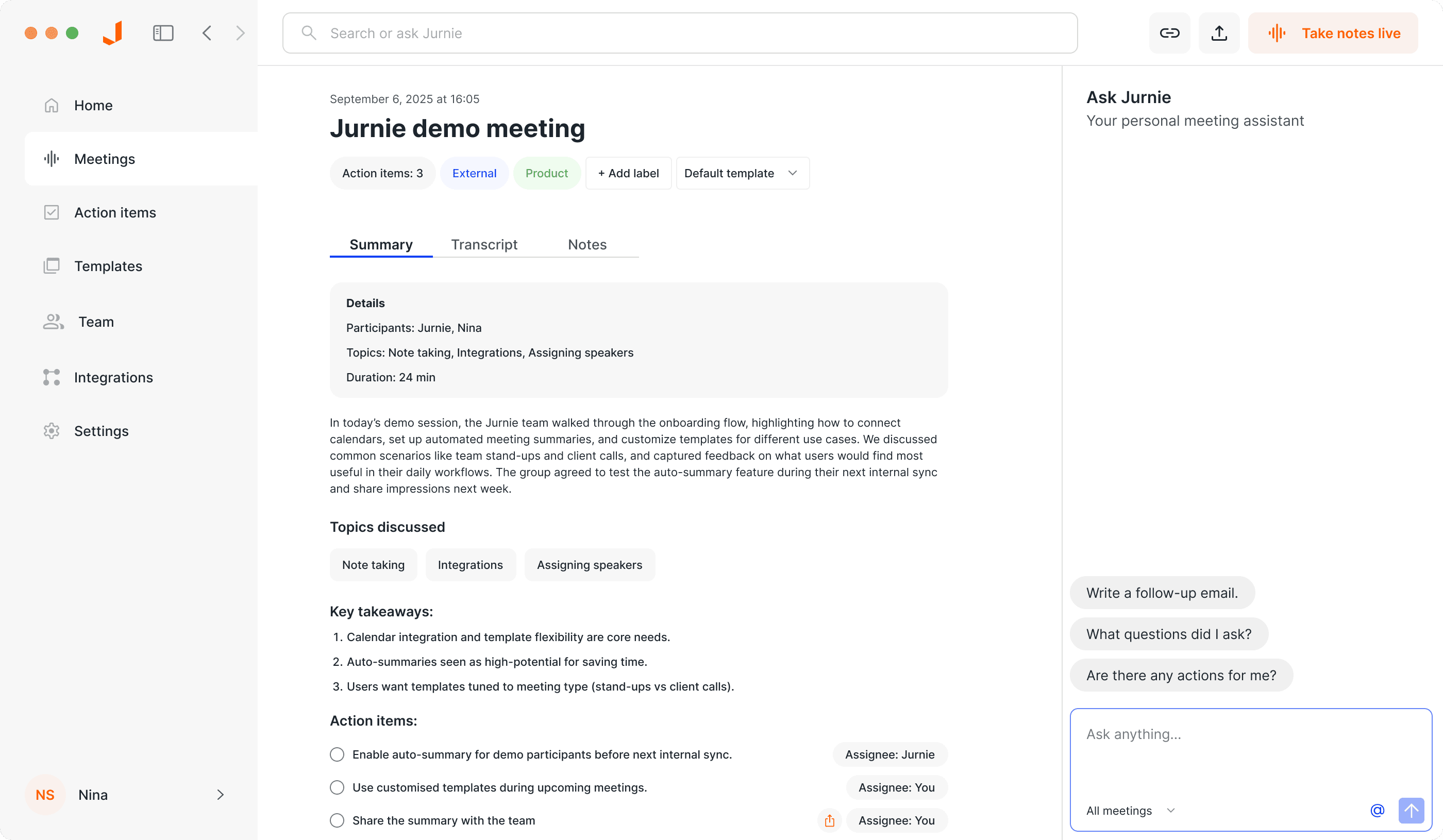 Automated meeting notifications - Jurnie AI meeting assistant interface showing jurnie notifies you when your meeting starts, making it easy to capture any conversation.