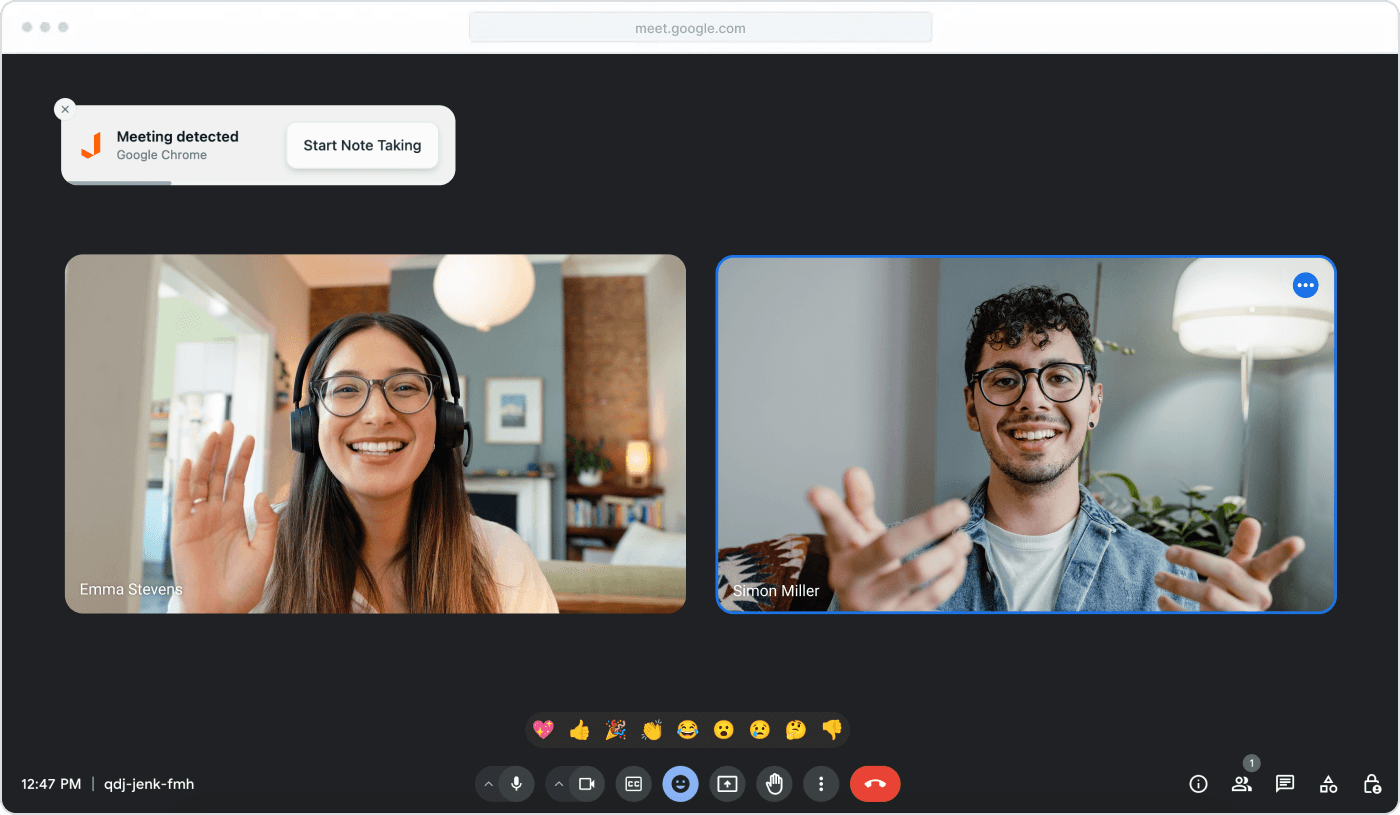 Automated meeting notifications - Jurnie AI meeting assistant interface showing jurnie notifies you when your meeting starts, making it easy to capture any conversation.